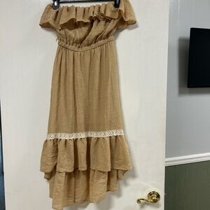 Tan Off-Shoulder Ruffle Dress